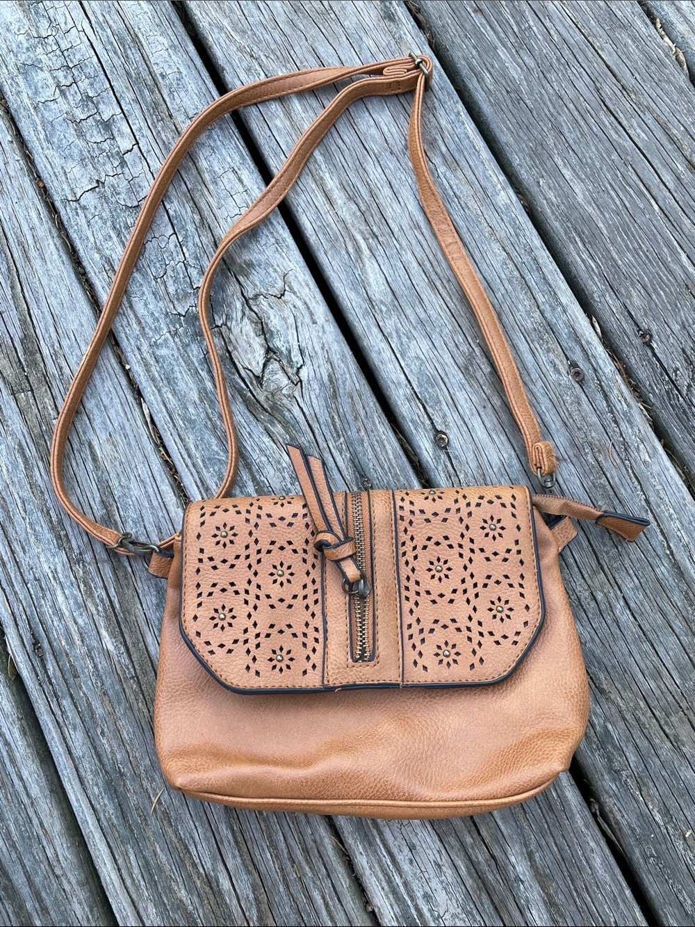 Tan Laser Cut Crossbody Bag